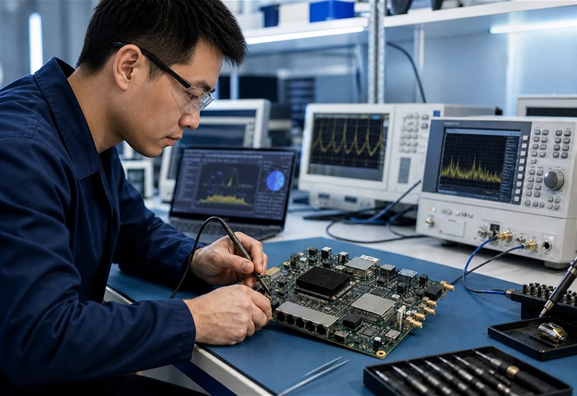 Chinese engineer testing an industrial wireless networking board