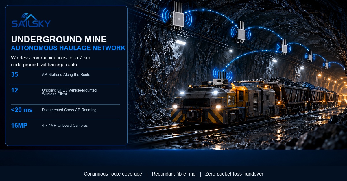 AI-generated concept illustration of underground autonomous rail haulage wireless communications.